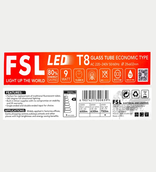 FSL LED 9w T8 glass tube - Day light